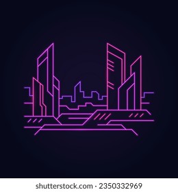 Outline neon cyberpunk skyscrapers in a futuristic city on a black background.