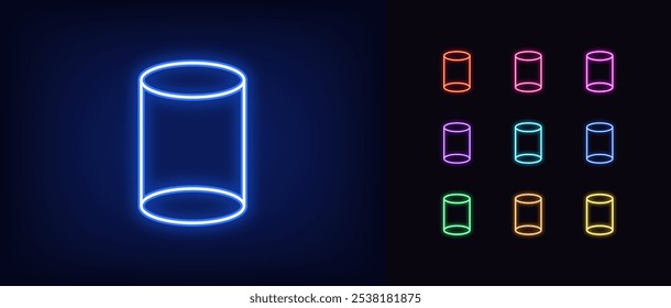 Outline neon cylinder icon set. Glowing neon cylinder wireframe, isometric cylindrical shape, abstract geometric figure. Wireframe barrel, cylindrical block, tubular structure and form. Vector icons