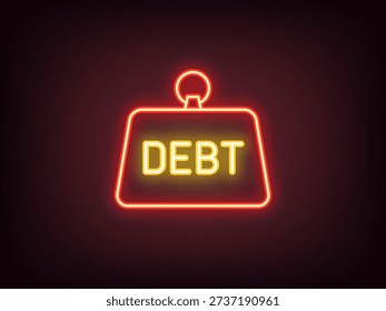 Outline neon debt load icon, red yellow. Neon debt loan burden, bank credit and mortgage. Financial difficulties, debt weight, credit obligations, money shortage, arrears, default threat. Vector