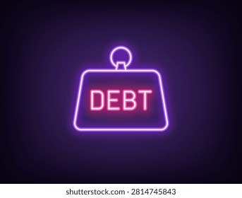 Outline neon debt load icon, violet pink. Neon debt loan burden, bank credit and mortgage. Financial difficulties, debt weight, credit obligations, money shortage, arrears, default threat. Vector