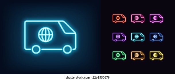 Outline neon delivery wagon icon. Glowing neon minivan with globe sign, international delivery. Global auto courier shipment, worldwide distribution service, world express shipping. Vector icon set