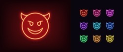 Outline Neon Devil Emoji Icon. Glowing Neon Evil Emoticon With Horns And Smile, Demon Face Pictogram. Mockery Emoji, Grin Devil Face, Ridicule Monster. Vector Icon Set, Symbol For UI