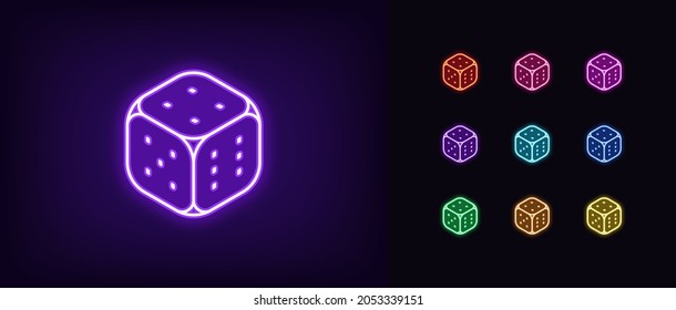 Outline neon dice icon. Glowing neon dice sign, playing cube pictogram in vivid colors. Gambling game, lucky chance, random, lucky number, fortune. Vector icon set, symbol for UI