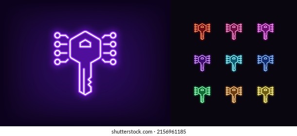 Outline neon digital key icon. Glowing neon Electronic key silhouette, private access pictogram. Encrypted key and information, digital pass, crypto and cyber security. Vector icon set for UI