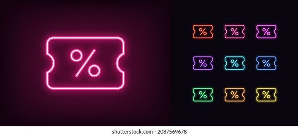 Outline neon discount coupon icon. Glowing neon coupon with percentage sign, discount tag pictogram. Online shopping, special sale offer, bonus discount. Vector icon set, sign, symbol for UI