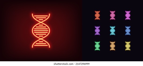 Outline Neon DNA Icon. Glowing Neon DNA Helix Sign, Gene Pictogram. DNA Spiral And Structure, Hereditary Gene, Genetic Mutation, Healthy Genome, Genetic Engineering. Vector Icon Set, Symbol For UI