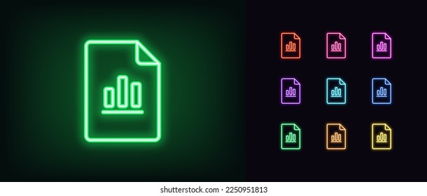 Umreißen Sie das Symbol der neonischen Dokumentdatei. Vereinfachter Dokumentrahmen mit Strichdiagrammzeichen, Datenberichtspiktogramm. Finanzprognose, statistische Informationen, Seite mit Ergebnissen. Vektorsymbol für Animation