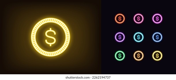 Outline neon dollar token icon. Glowing neon token frame with dollar sign, golden USDT coin pictogram. Digital USD token transaction, cryptocurrency exchange, virtual money wallet. Vector icon set