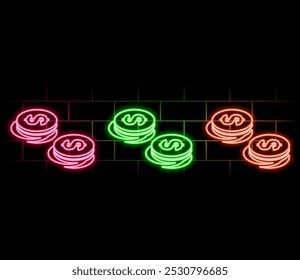Outline neon dollar token icon. Glowing neon token frame with dollar sign, golden USDT coin pictogram. Digital USD token transaction, cryptocurrency exchange, virtual money wallet. Vector icon set.2