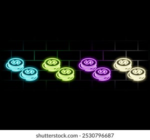 Outline neon dollar token icon. Glowing neon token frame with dollar sign, golden USDT coin pictogram. Digital USD token transaction, cryptocurrency exchange, virtual money wallet. Vector icon set.3.