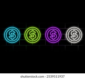 Umriss Neondollar-Token-Symbol. Leuchtender Neonmarkenrahmen mit Dollarzeichen, goldenes USDT-Münzpiktogramm. Digitale USD-Token-Transaktion, Kryptowährungsumtausch, virtuelle Geldbörse. Vektorsymbol-Set.