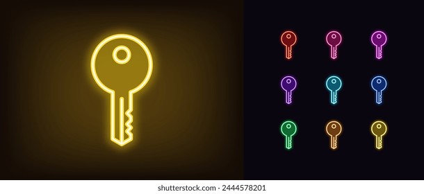 Outline neon door key icon set. Glowing neon key sign for house lock. Unlock access, private security key, admin password. House and apartment rental, secure mortgage, real estate owner. Vector icons