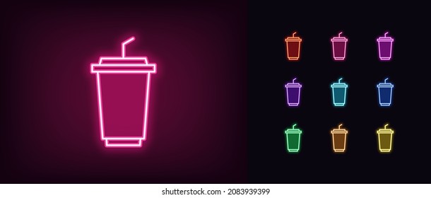 Outline Neon Drink Icon. Glowing Neon Glass, Takeaway Drink Cup With Straw, Paper Glass Pictogram. Fruit Juice, Cold Tea And Coffee To Go, Milk Cocktail, Soda. Vector Icon Set, Symbol For UI