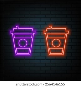 Outline neon drink icon. Glowing neon glass, takeaway drink cup with straw, paper glass pictogram. Fruit juice, cold tea and coffee to go, milk cocktail, soda. Vector icon set, symbol for UI.