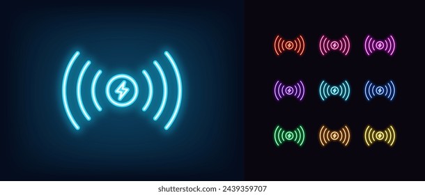 Outline neon electric charging point icon set. Wireless charge place with glowing neon lightning sign and waves. Dock station, wireless electromagnetic charger for charging battery device. Vector icon