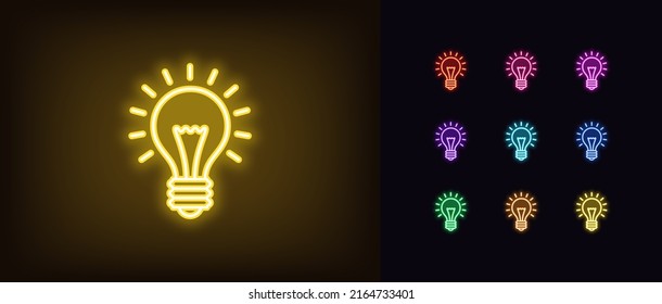 Outline neon electric lamp icon. Glowing neon lightbulb with rays of light, bulb pictogram. Idea and solution, business innovation, creative energy, inspiration power and creativity. Vector icon set