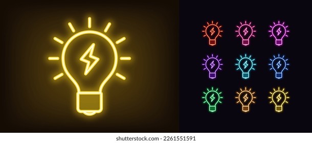 Outline neon electric lamp icon. Glowing neon lamp frame with lightning sign, flash idea pictogram. Electric energy and fuel, electrical charge power, creative solution. Vector icon set