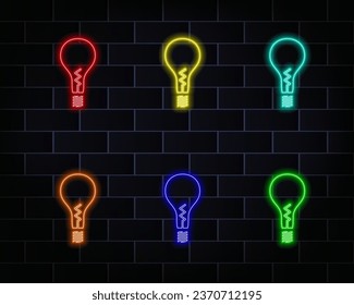 Outline neon electric lamp icon. Glowing neon lamp with rays of light, lamp pictogram. Idea and solution, business innovation, creative energy. red. yellow, blue, pink, orange.