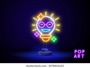 Outline neon electric lamp icon. Glowing neon lamp frame with lightning sign, flash idea pictogram.