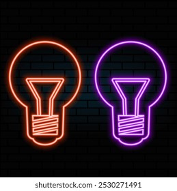 Icono de lámpara eléctrica de neón de contorno. Bombilla de neón brillante con rayos de luz, pictograma de la bombilla. Idea y solución, innovación empresarial, energía creativa, poder de inspiración y creatividad. Conjunto de iconos de Vector.5