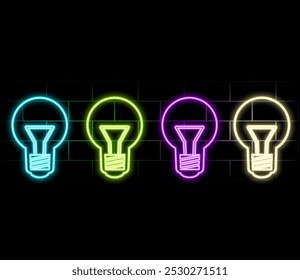 Icono de lámpara eléctrica de neón de contorno. Bombilla de neón brillante con rayos de luz, pictograma de la bombilla. Idea y solución, innovación empresarial, energía creativa, poder de inspiración y creatividad. Conjunto de iconos de Vector.3