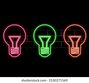 Icono de lámpara eléctrica de neón de contorno. Bombilla de neón brillante con rayos de luz, pictograma de la bombilla. Idea y solución, innovación empresarial, energía creativa, poder de inspiración y creatividad. Conjunto de iconos de Vector.2