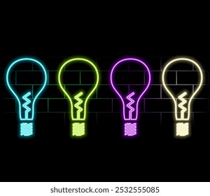 Outline neon electric lamp icon. Glowing neon lamp frame with lightning sign, flash idea pictogram. Electric energy and fuel, electrical charge power, creative solution. Vector icon set.blue.
