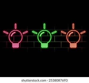 Icono de lámpara eléctrica de neón de contorno. Bombilla de neón brillante con rayos de luz, pictograma de la bombilla. Idea y solución, innovación empresarial, energía creativa, poder de inspiración y creatividad. Conjunto de iconos de Vector.