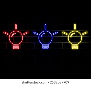 Outline neon electric lamp icon. Glowing neon lamp frame with lightning sign, flash idea pictogram. Electric energy and fuel, electrical charge power, creative solution. Vector icon set.