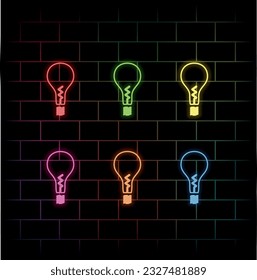 Outline neon electric light bulb icon. Glowing neon lamp with rays of light, light bulb pictogram. Idea and solution, business innovation, creative energy, power of inspiration and creativity. many co