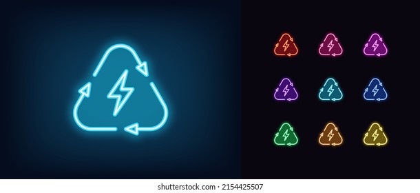 Outline neon electric recharge icon. Glowing neon lightning sign with recycle triangle, charge process pictogram. Battery charge for electrical vehicle, charging cycle. Vector icon set for UI