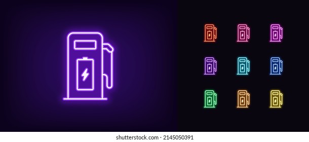 Outline neon electric station icon. Glowing neon charging station with battery and lightning sign, charge point pictogram. Electric charger, recharge place for electric vehicle. Vector icon set for UI