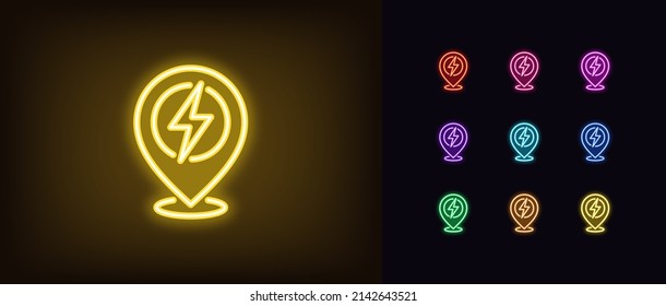 Outline neon electric station pin icon. Glowing neon map pin with lightning sign, charge point pictogram. Navigation marker, charging station and place for electric vehicle. Vector icon set for UI