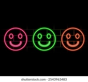 Icono de emoji de neón. Signo lindo brillante del emoji del neón, pictograma del emoticon en colores vivos. Silueta divertida del emoticono, cara complacida, emoción alegre, buen sentimiento. Conjunto de iconos de Vector, símbolo para la interfaz de usuario.