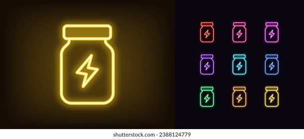 Outline neon energy supplement icon. Glowing neon bottle with lightning sign, sport nutrition. Energetic supplement for strength, speed and stamina. Sport medicine, bottle with pills. Vector icon set