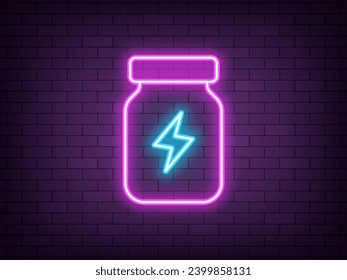 Outline neon energy supplement, purple blue icon. Glowing neon bottle with lightning sign, energetic supplement. Sport nutrition for strength, speed and stamina. Sport medicine, bottle with pills