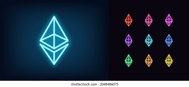 Outline neon Ethereum icon. Glowing neon ethereum sign, cryptocurrency logo in vivid colors. Crypto mining, ether network, digital currency, ETH coin. Vector icon set, sign, symbol for UI