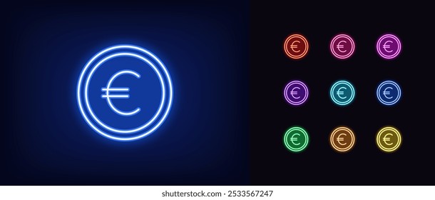 Outline neon euro coin icon set. Glowing neon coin with euro sign, outline token. EUR currency, digital money token, financial market and trade, money earn, finance budget, bank cash. Vector icons