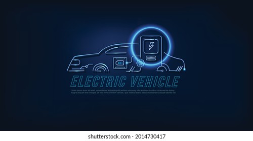 Outline Neon EV Electric Vehicle  Banner Web Icon For Futuristic Technology, Hybrid Electric, Battery Electric Vehicle, Fuel Cell Automobile And Power Supply With Blue Background