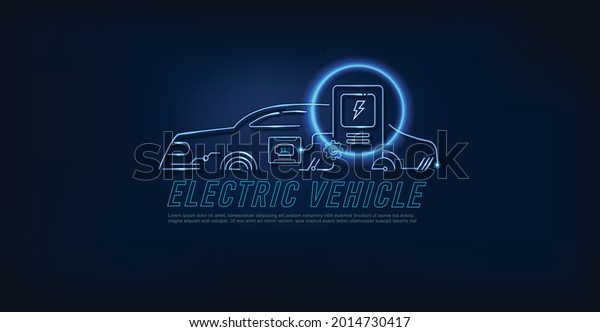 Outline\
neon EV Electric vehicle  banner web icon for futuristic\
technology, Hybrid Electric, Battery Electric vehicle, Fuel Cell\
automobile and power supply with blue\
background