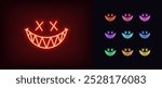 Outline neon evil smile icon set. Neon evil joker smile with cross on eyes and sharp teeth, monster grin. Emoji with evil sneer, devil smile, scary demon mouth, creepy gamer emoticon. Vector icons