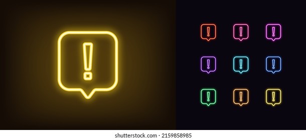 Outline neon exclamation bubble icon. Glowing neon exclamation mark in bubble message, warning pictogram. Urgent error notification, important warn, caution message. Vector icon set for UI