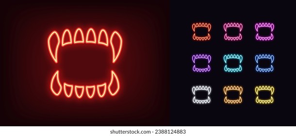 Outline neon fangs icon set. Glowing neon monster teeth with sharp fangs. Scary vampire teeth, dracula fangs, beast jaw and spooky grin, angry monster mouth. Horror, fear and nightmare. Vector icons