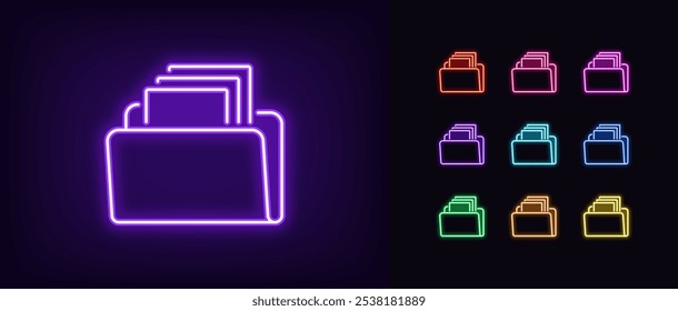 Contornar conjunto de ícones de arquivo morto de arquivo neon. Néon brilhante pasta digital com documentos, armazenamento de dados organizar. Gerenciamento de arquivos, catálogo de dados digitais, repositório de cópia de documentos, arquivamento de banco de dados. Ícones de vetor