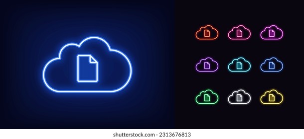Icono de nube de neón de esquema. Nube de neón brillante con signo de documento, repositorio de datos digitales. Almacenamiento en nube digital para intercambio de archivos, base de datos de copia de seguridad de documentos, centro de datos remoto de archivos. Conjunto de iconos del vector