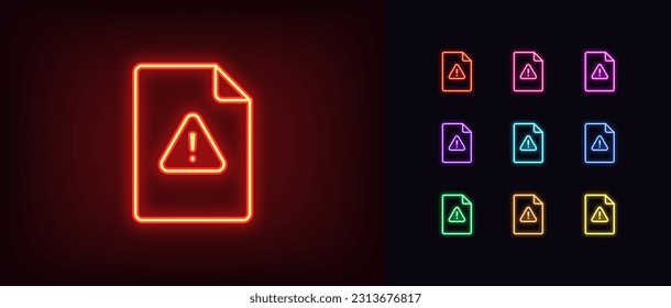 Icono de daño de neón de esquema. Documento de neón brillante con signo de exclamación, datos de peligro. Documento dañado, acuerdo no confiable, archivo inseguro, aviso de problemas y errores, alerta de riesgo. Conjunto de iconos del vector