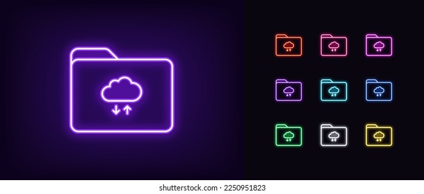 Outline neon file folder icon. Glowing neon folder frame with cloud data update arrows. Remote backup folder, cloud storage and network repository for digital document exchange. Vector icon set