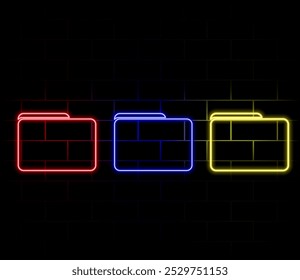 Outline neon file folder icon. Glowing neon folder frame with document sign. Business report folder, document storage, contract and certificate directory, agreement sheet. Vector icon set.