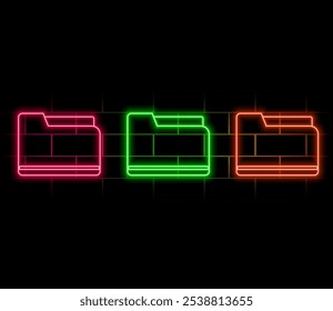 Icono de la carpeta de archivos de neón de esquema. Marco de carpeta de neón brillante con signo de documento. Carpeta de informes comerciales, almacenamiento de documentos, directorio de contratos y certificados, hoja de Acuerdos. Conjunto de iconos de Vector.