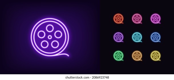 Outline neon film reel icon. Glowing neon movie strip, cinema tape pictogram in vivid colors. Movie reel, film roll, video footage and recording, cinematography. Vector icon set, symbol for UI